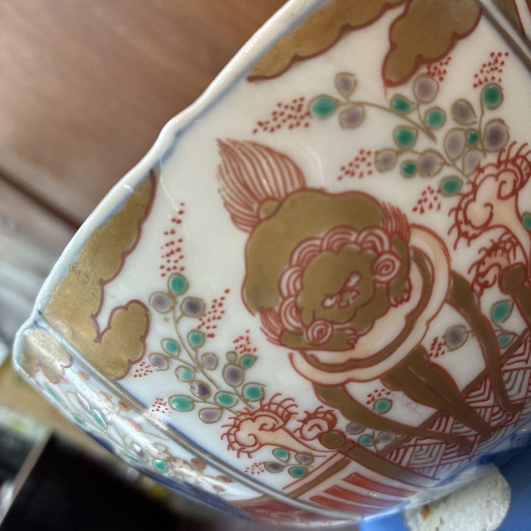 古伊万里　色絵　金彩　明治　富永源六製　きず直し　直径15.8センチ
