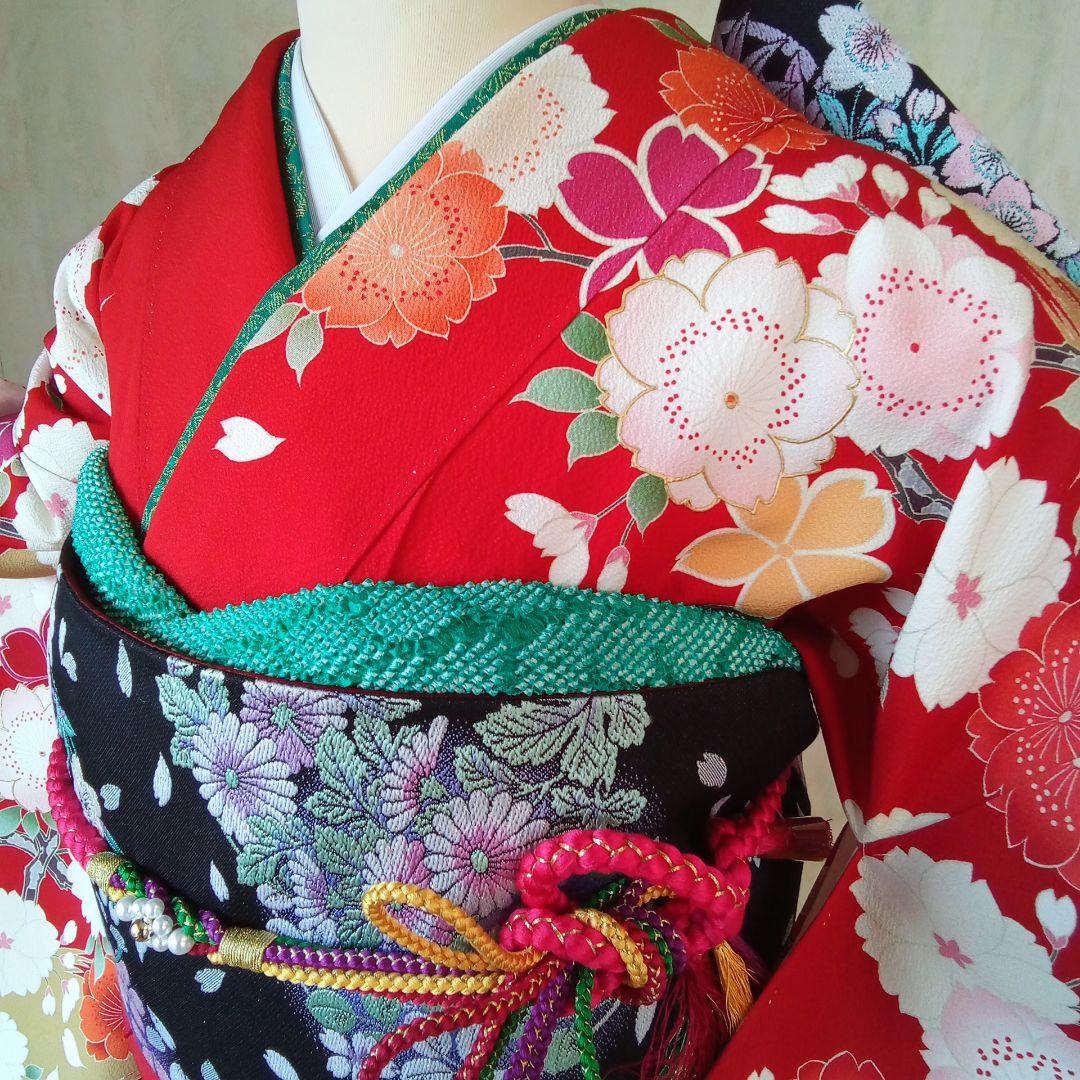 5131 振袖フルセット 赤桜 成人式結婚式卒業式 正絹 帯新品 5131 振袖フルセット 赤桜 成人式結婚式卒業式 正絹 帯新品