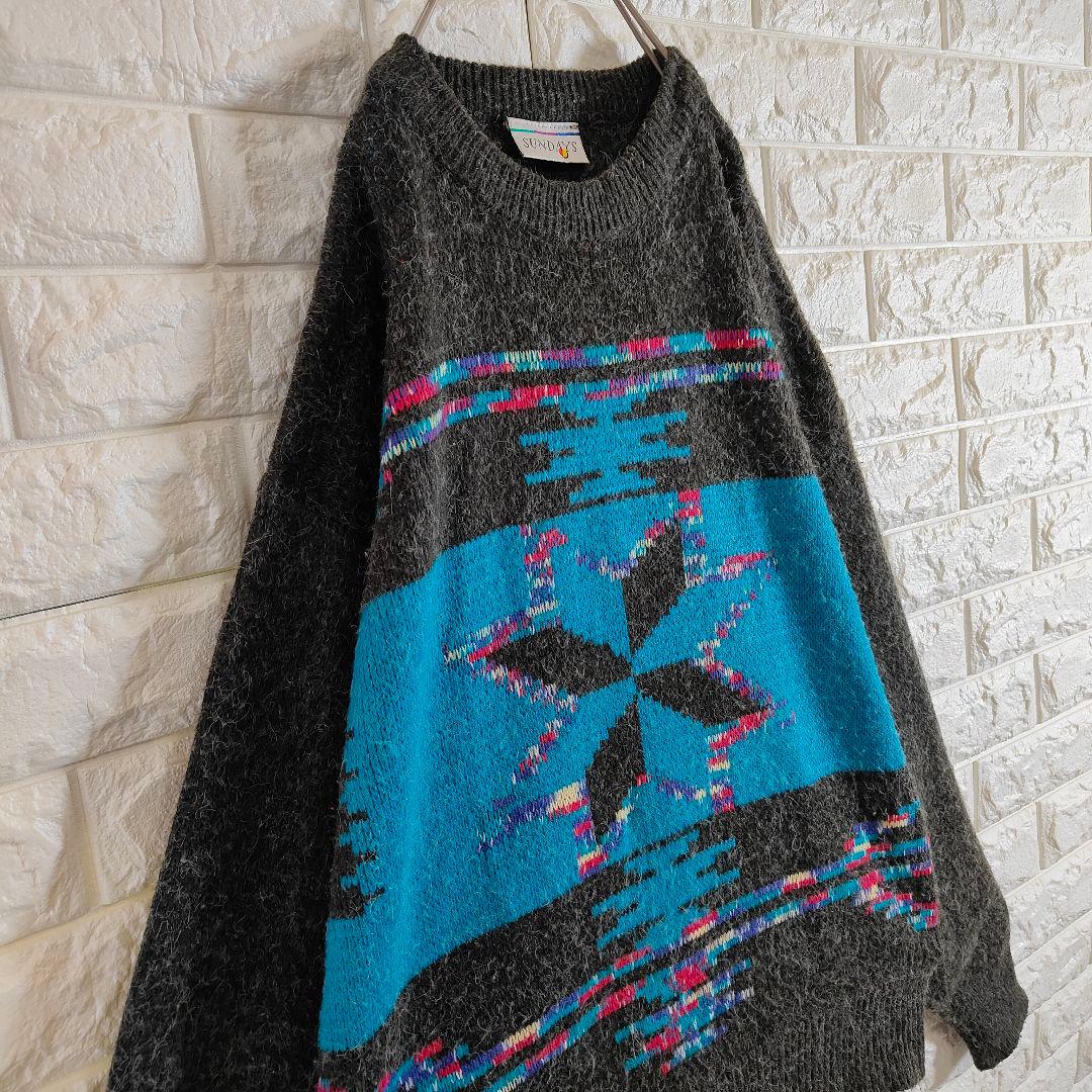 モヘア 厚手 ニットセーター ビッグノルディック柄 腕太 ブラック L