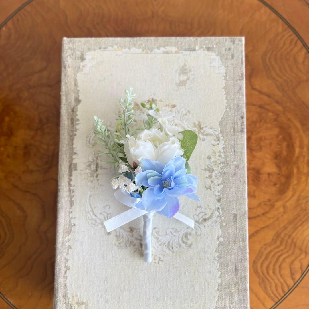 ホワイトブルーブーケ＆ブートニア　造花