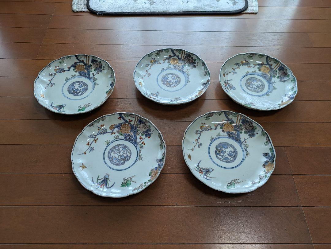 アンティーク　骨董品　龍と花と鳥の模様 波形皿 5枚セット 22cm