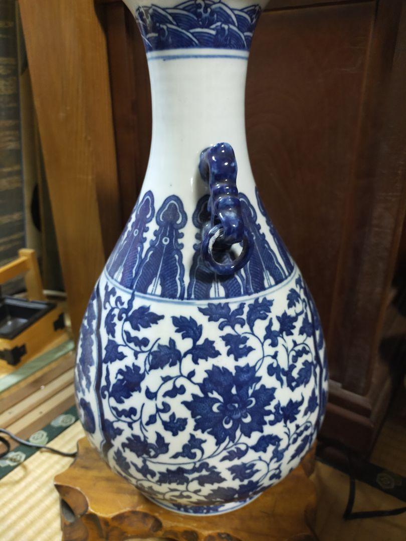 青花桃仙人図耳環付花瓶/大清乾隆年製/飾壺/中国美術 高さ約42cm