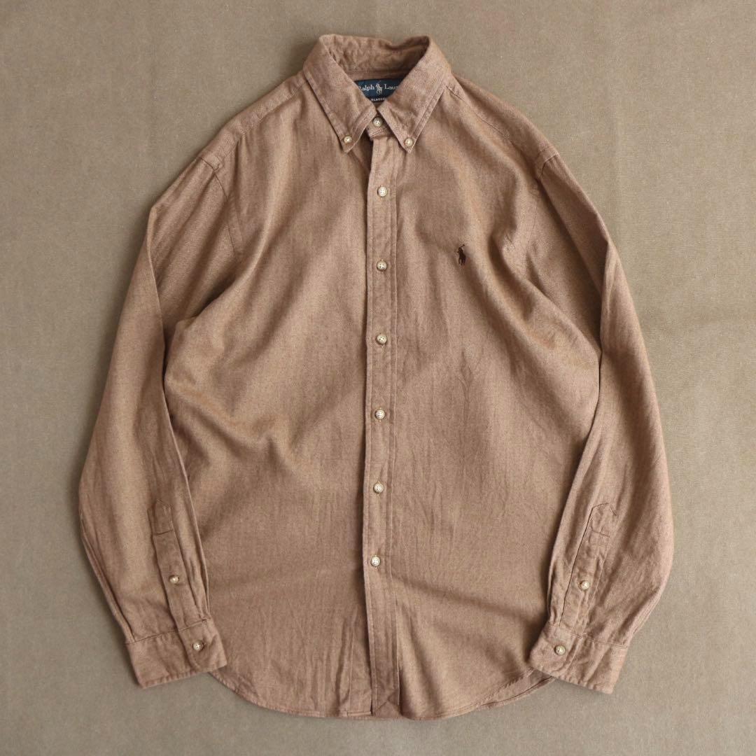 90s Ralph Lauren ブラウン ヘリンボーン 厚手コットンシャツ