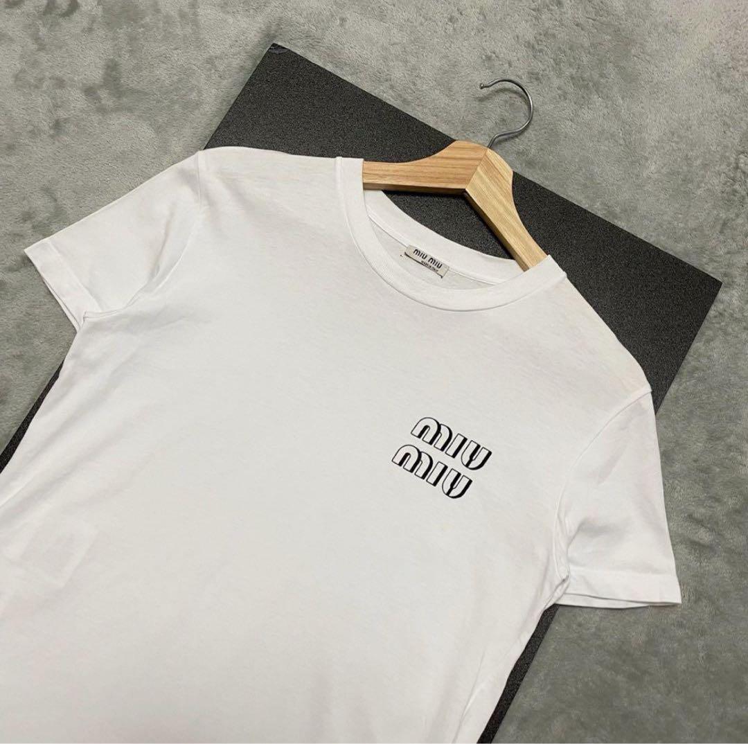 Sサイズ★ミュウミュウ 半袖 Tシャツ カットソー ロゴ エンブロイダリー 白