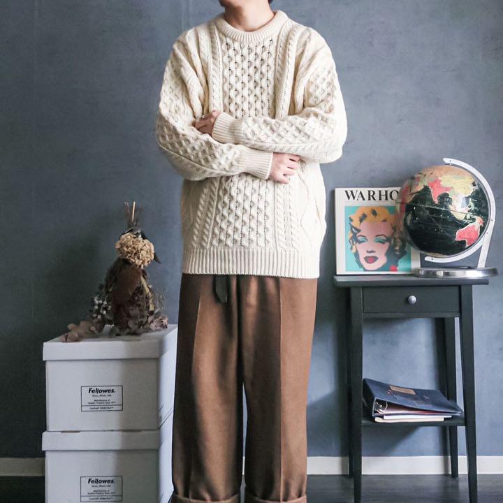 なアイボリ⒣ aran ケーブル編み アランニット セーター jCGBo-m50512500152 crafts アイルランド製 ㊧キュータム