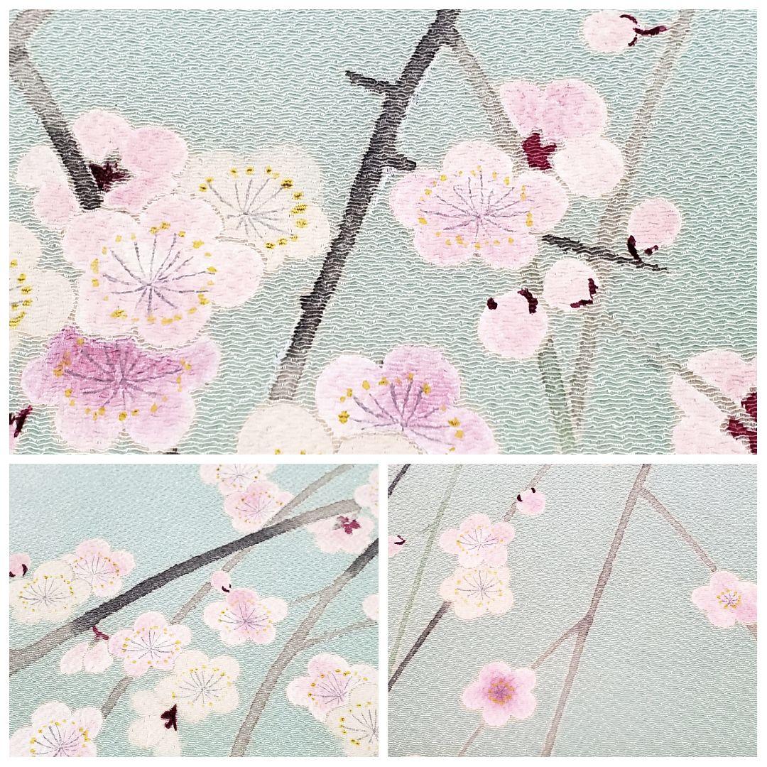 売れ筋商品お見逃しなく 梅の花模様 薄緑 パステルカラー 縮緬 太鼓 正絹 洒落帯 着物・浴衣