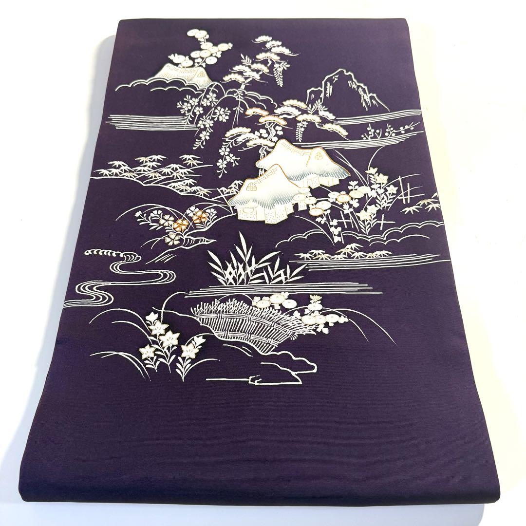 5k2087 名古屋帯　絹　塩瀬帯　金駒刺繍　紫　白　花柄　和装　着物