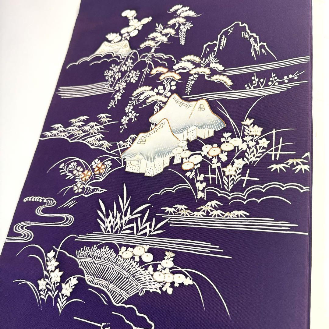 5k2087 名古屋帯　絹　塩瀬帯　金駒刺繍　紫　白　花柄　和装　着物