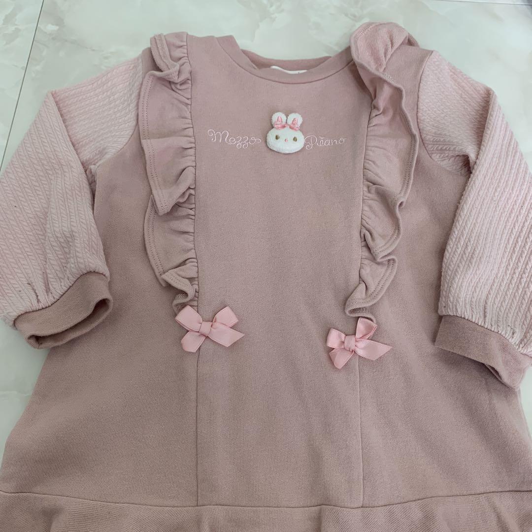 メゾピアノ♡立体うさぎ♡マスコットうさぎ♡ピンク長袖ワンピース90センチ