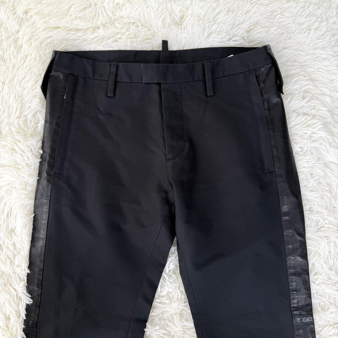 美品 DSQUARED2 切替 異素材 レザーライン 裾ジップ スラックス 黒