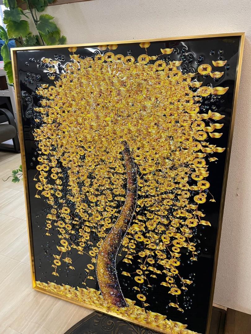 水晶絵アートパネル金の生る木金運クリスタル立体絵画アートゴールド