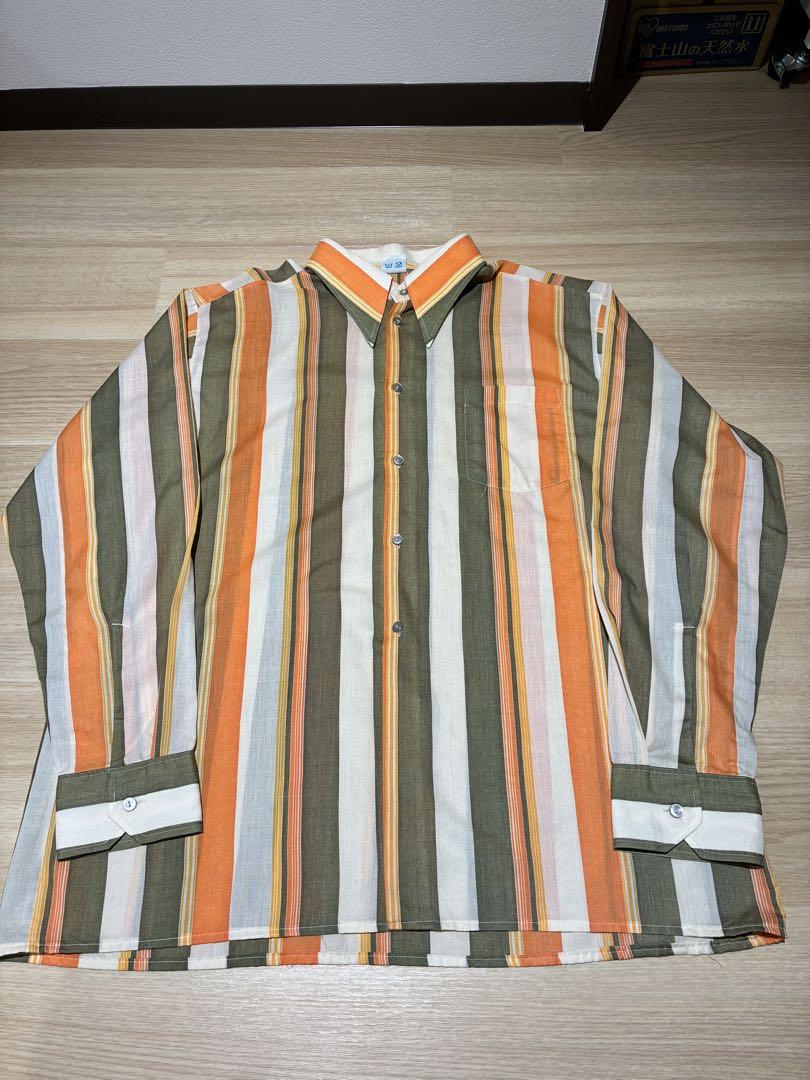 70s ストライプシャツ　オレンジ　カーキ