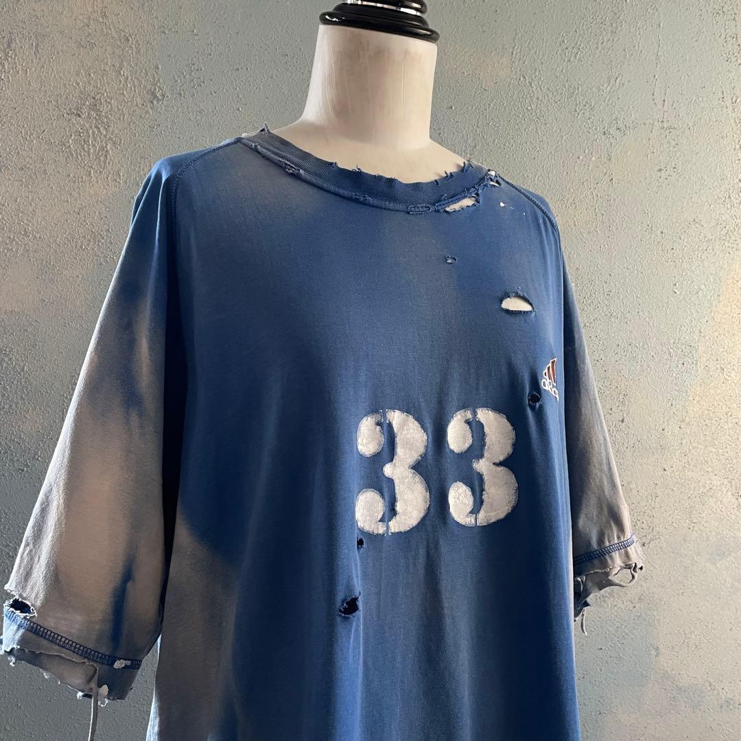 90's“adidas“ナンバリング”paint ボロ t-shirt