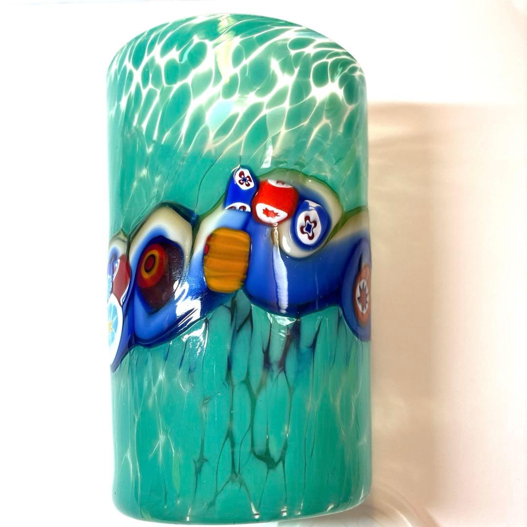 ヴェネチアンガラス　ムラーノ 緑色波模様ガラスコップ