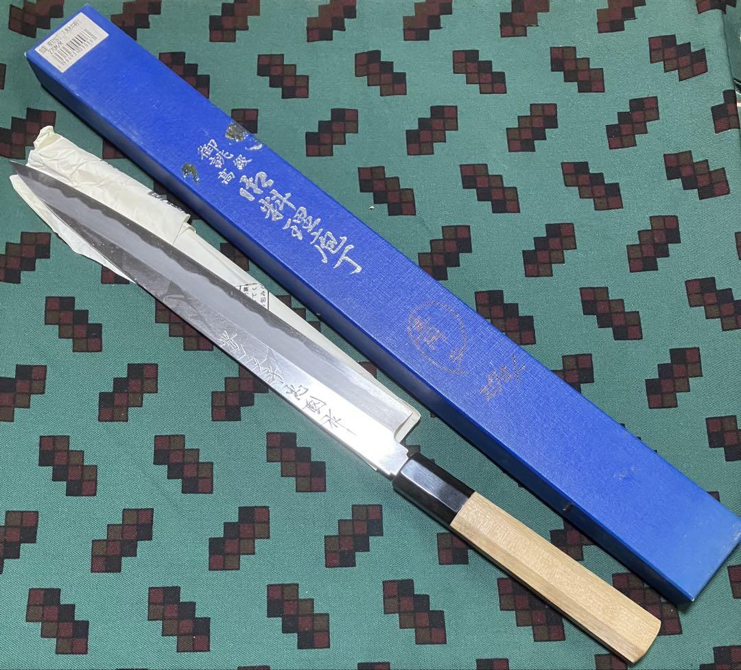 堺一文字忠國作 柳刃包丁 本鍛錬安来青　在銘 包丁　27センチ
