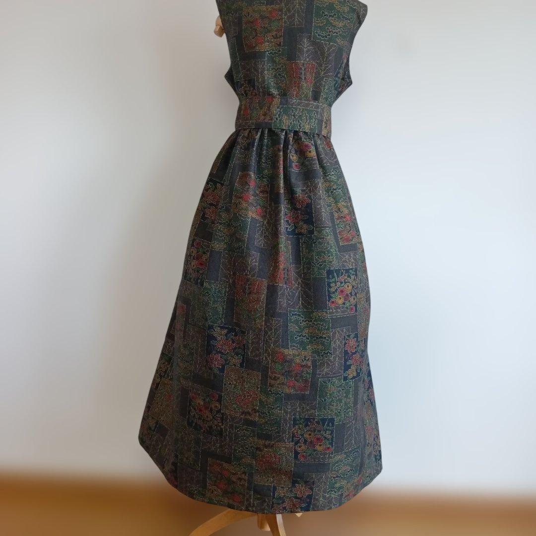 希望丈仕上げ大島紬着物リメイク ギャザーワンピース ベルトM～LL No.1