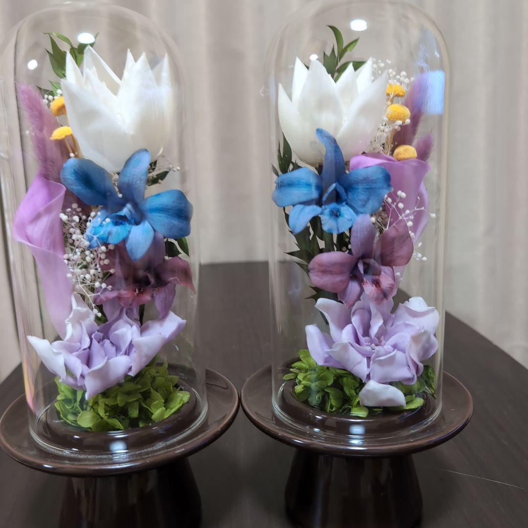 特選仏花 ガラスドーム 大 一対 蓮の花 造花無し プリザーブド
