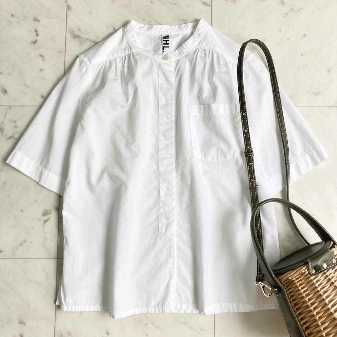MHL. エムエイチエル 半袖シャツ バンドカラー コットンリネン白 Ⅰ S