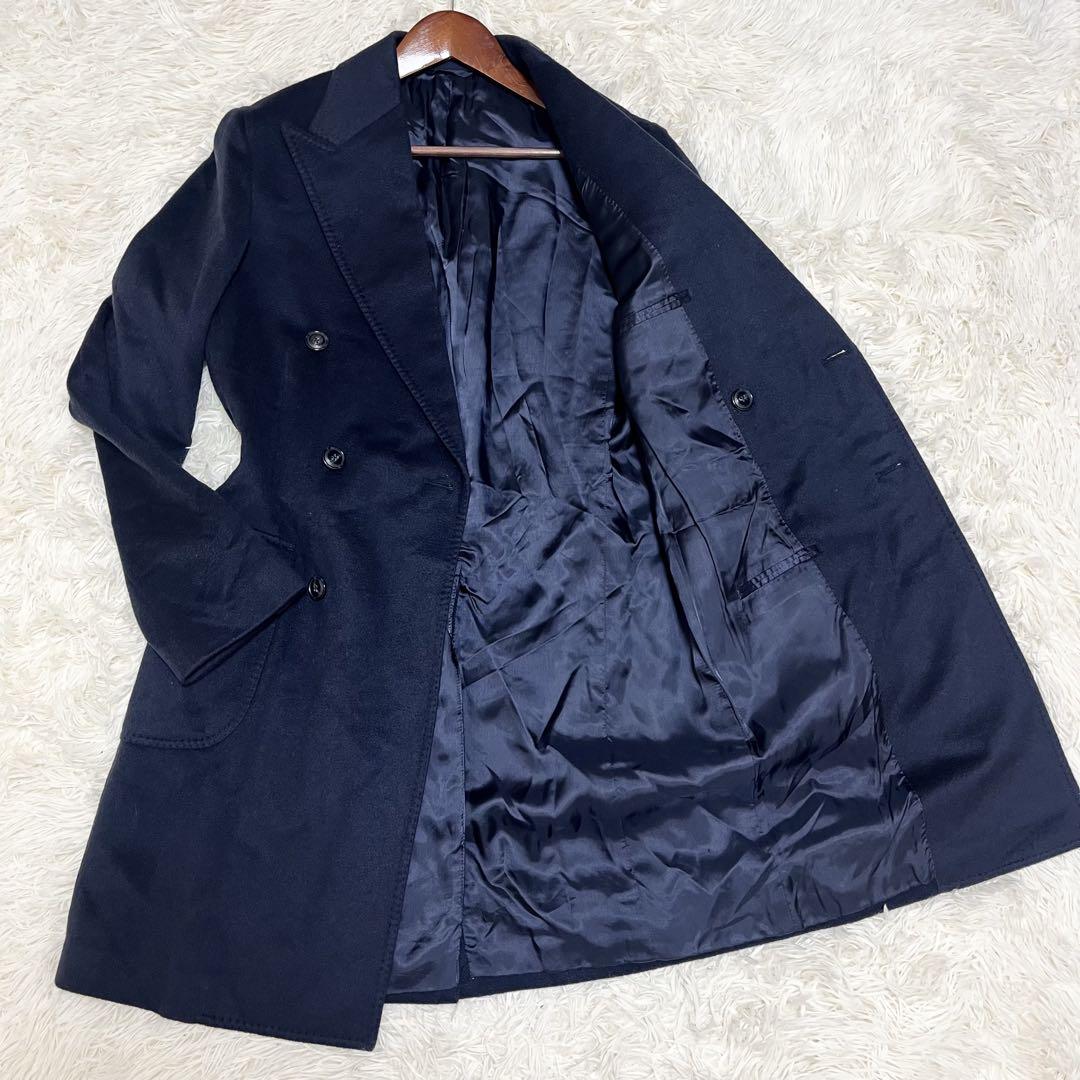 美品 バルバ チェスターコート ダブル カシミヤ100% ネイビー ベルト 冬