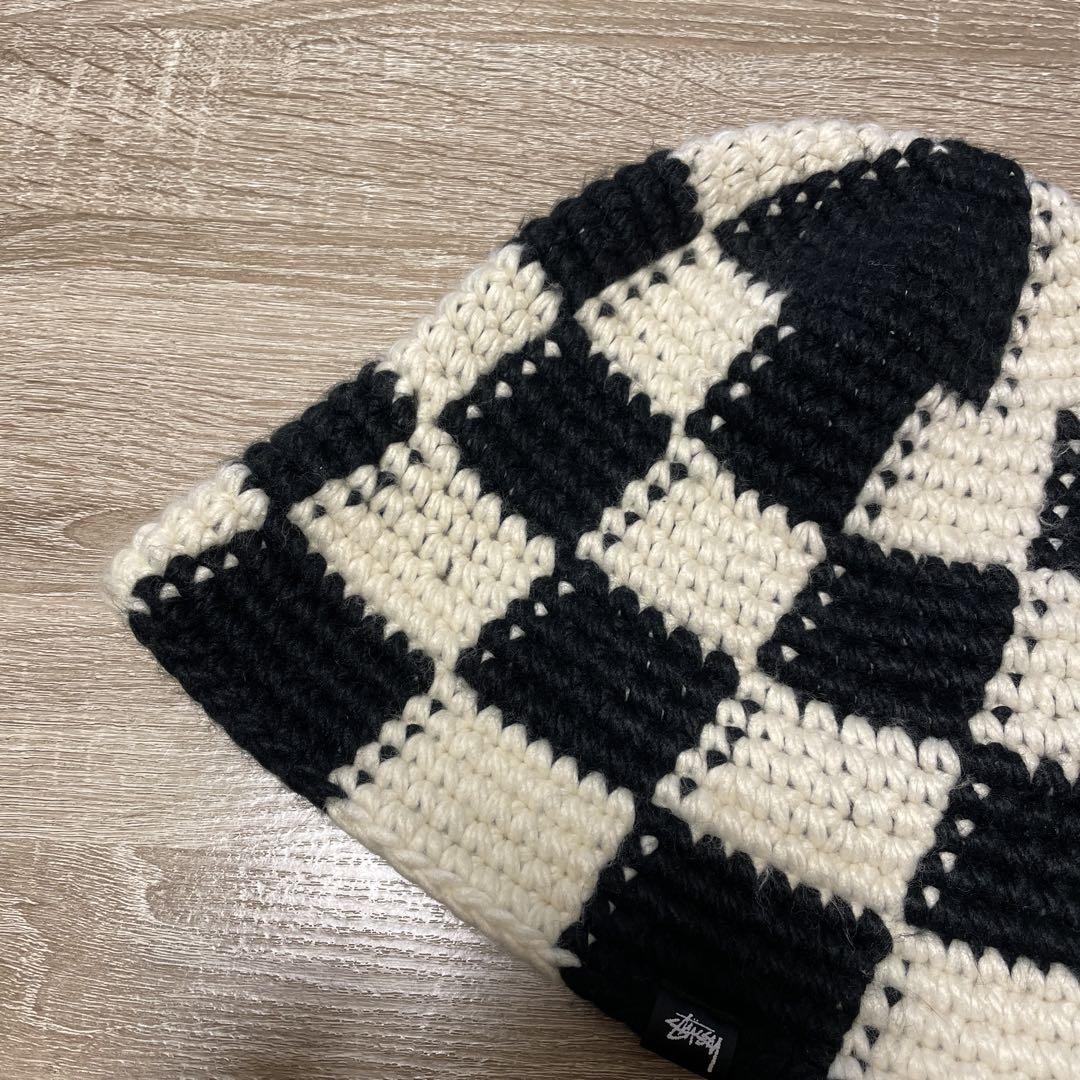 [美品]STUSSY CHECKER KNIT BACKET HAT 白黒