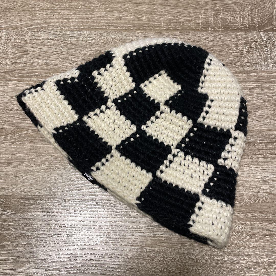 [美品]STUSSY CHECKER KNIT BACKET HAT 白黒