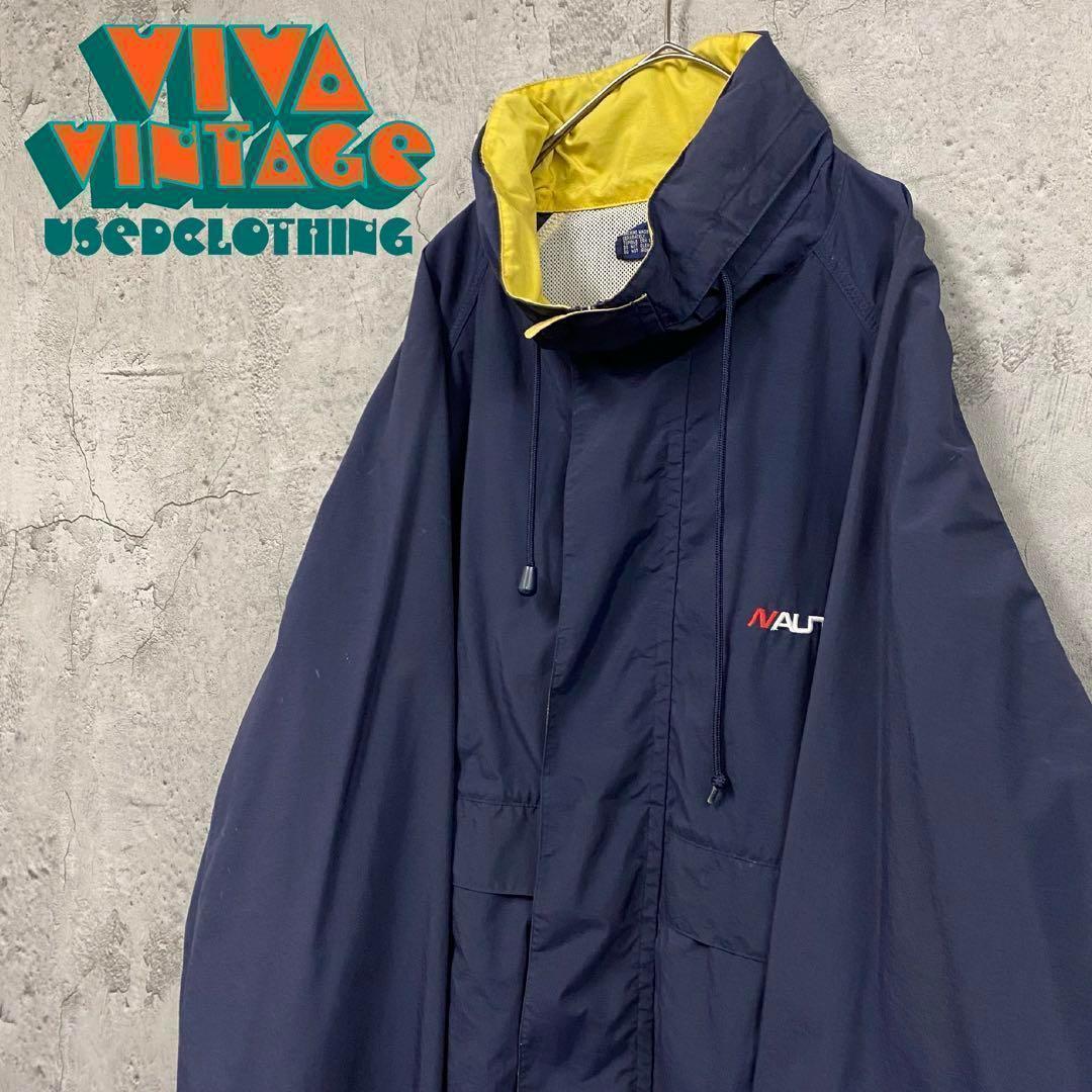 レア90s【古着】ノーティカ 袖刺繍ナイロンジャケット ネイビー メンズ3XL