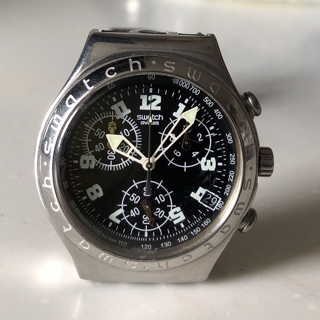 swatch】IRONY クロノグラフ 革バンド ケース、新品電池付き