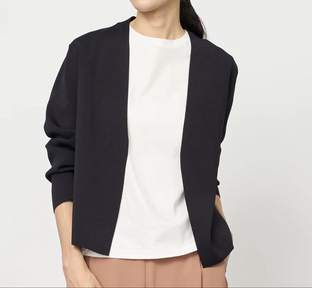 美品 ソージュ ショートニットノーカラージャケット ネイビー Lサイズ