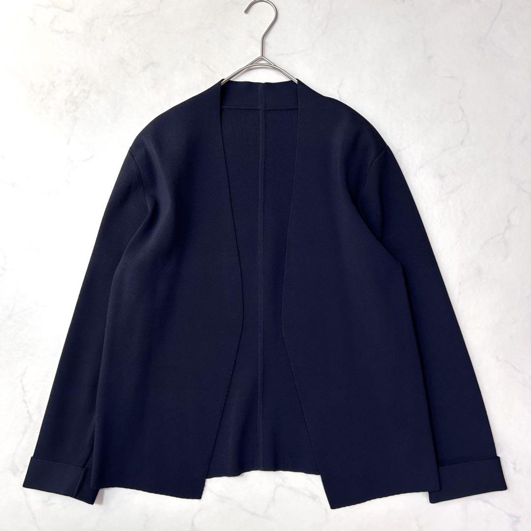 美品 ソージュ ショートニットノーカラージャケット ネイビー Lサイズ