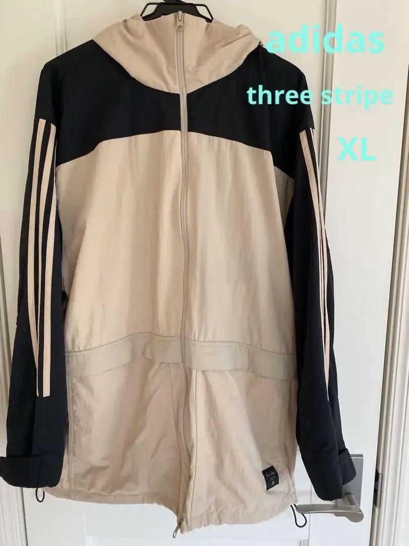 メンズadidas three stripe フードナイロンジャケット XL