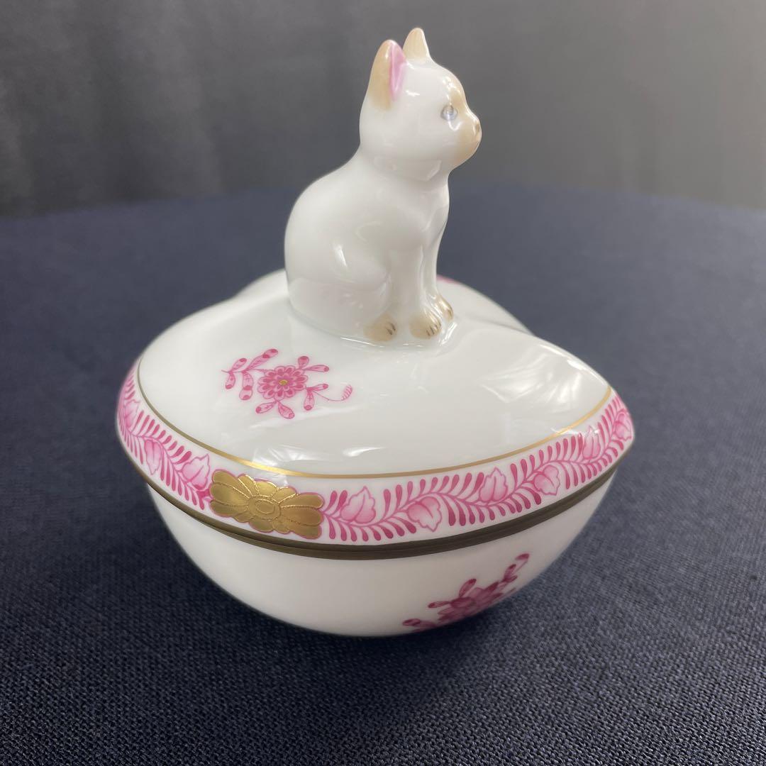 HERENDHVNGARY/ヘレンドハンガリー、ハート型ボンボニエール.猫、花柄