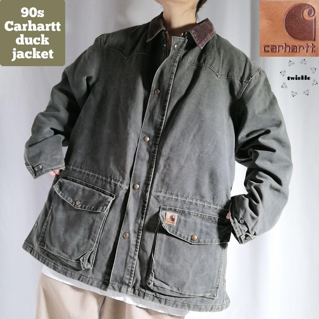 90s Carhartt コーデュロイ襟 ミドル丈 ダックジャケット 深緑 古着