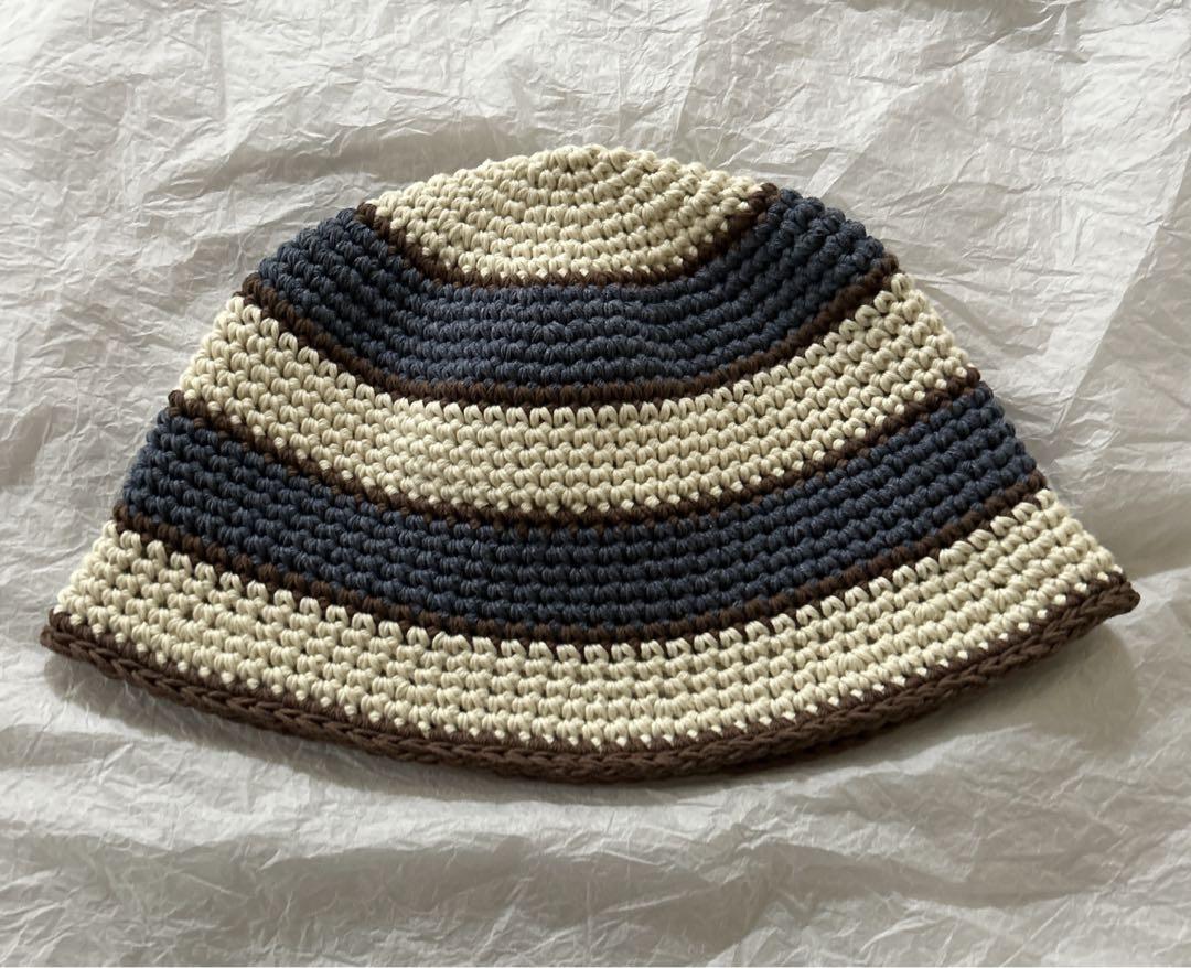 クラッシャーハット ハンドメイド クロシェハット デニムブルー太ボーダー クラッシャーハット ハンドメイド クロシェハット デニムブルー太ボーダー