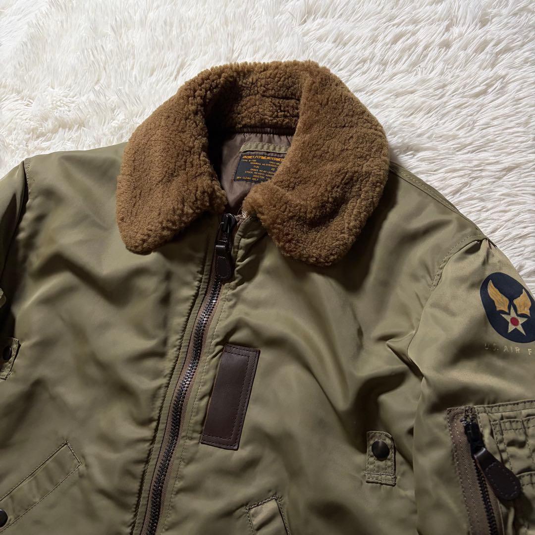 美品/42サイズ✨HOUSTON フライトジャケット B-15B カーキ 襟ボア 美品/42サイズ✨HOUSTON フライトジャケット B-15B カーキ 襟ボア