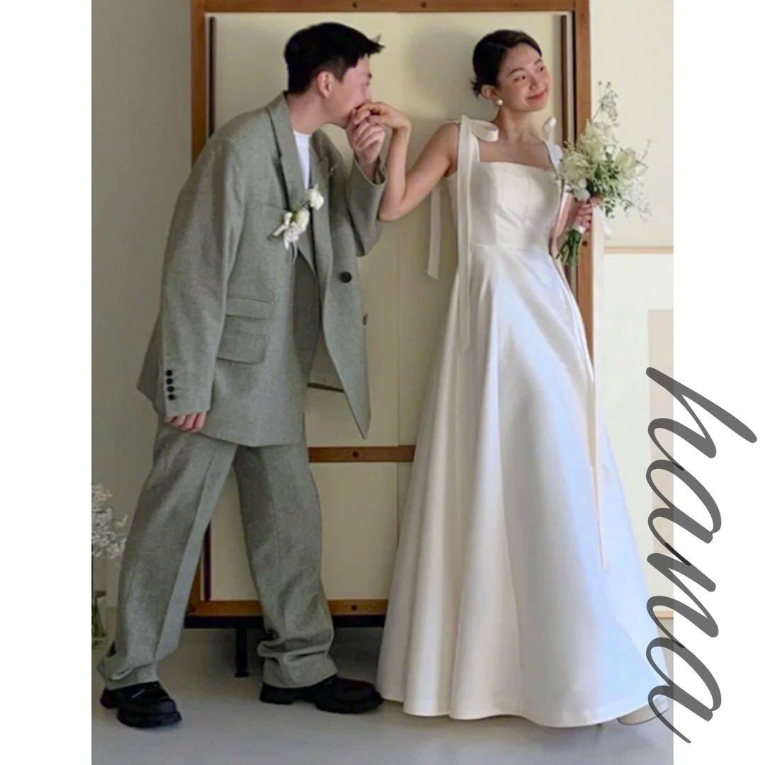 ウェディングドレス　サテン　aライン　ホワイト　前撮り　フォト　結婚式　街撮り