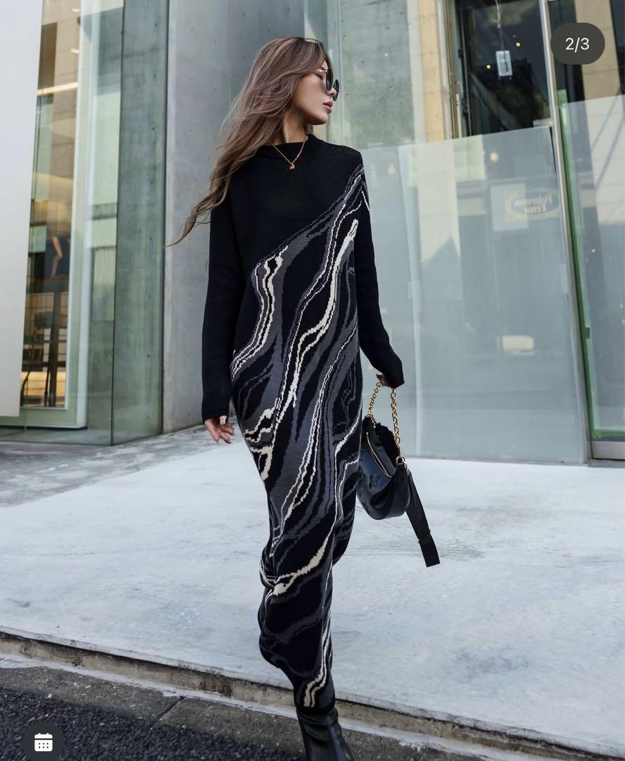 【激安通販 オンラインショップ】日用品 Glam Lips ブラック ワンピース LONG-SLEEVE マーブル ワンピース