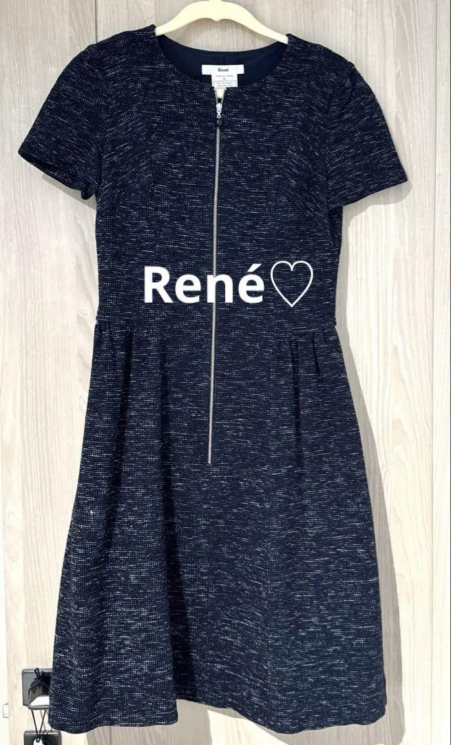 【早期発送可】René ツイード素材 ネイビー ひざ丈ワンピース 34 ワンピース