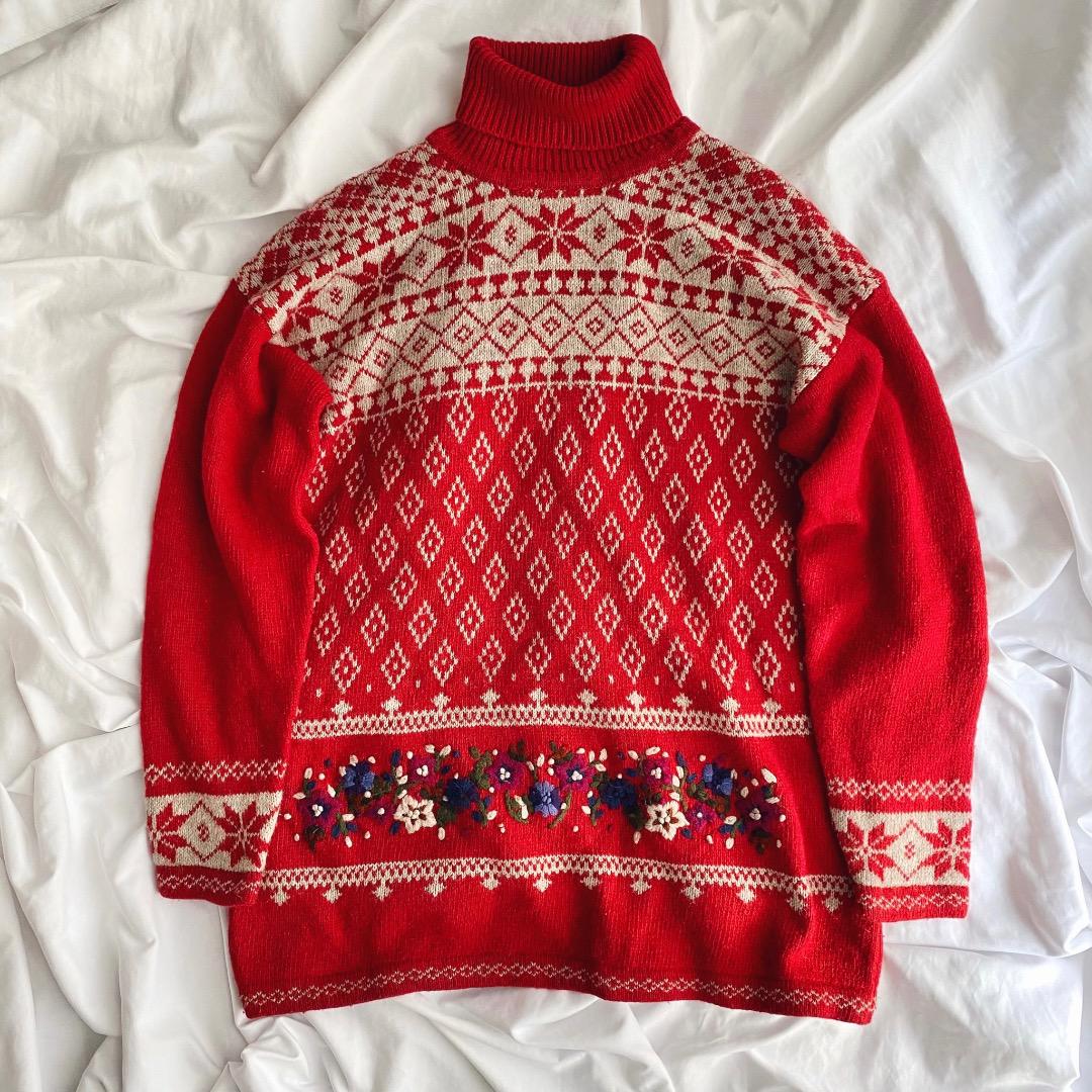 ヴィンテージ 90s ノルディック柄 刺繍 ニット セーター 古着 B610