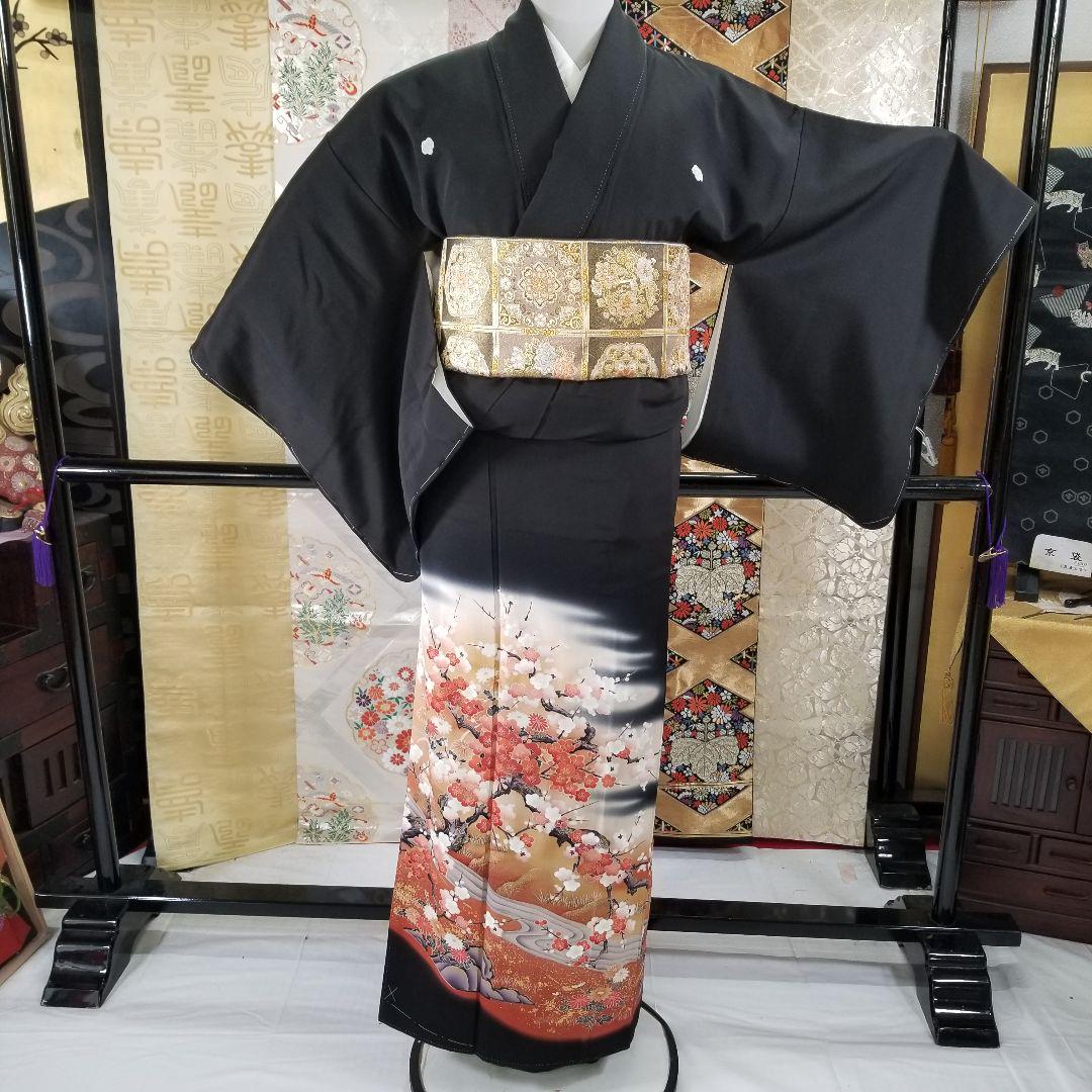 kts007st 黒留袖 極美品 正絹 躾付 作家物 比翼付 金砂 梅の木 流川