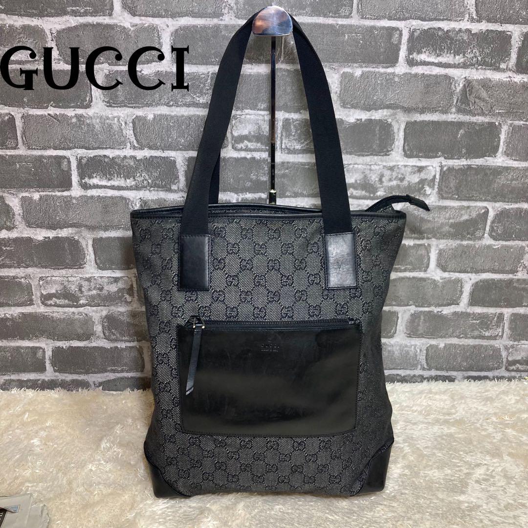 超歓迎 極美品✨GUCCI トートバッグ gg柄 キャンバス レザー 黒 デニム オンラインストア入荷 ◾未使用に近い 正規品 グッチ トートバッグ オールレザー トートバッグ