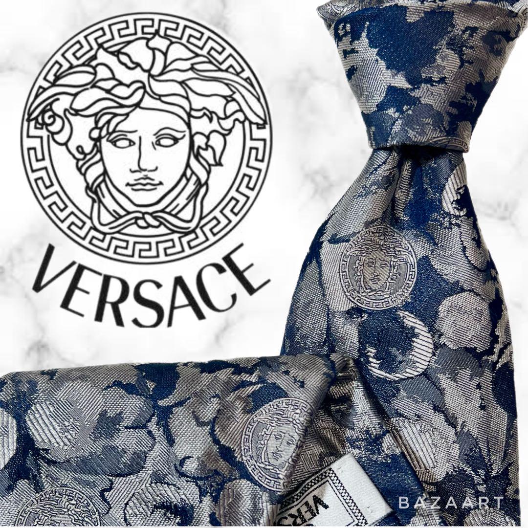 極美品✨高級 ヴェルサーチ ネクタイ メデューサ 総柄 シルク 濃紺 シルバー