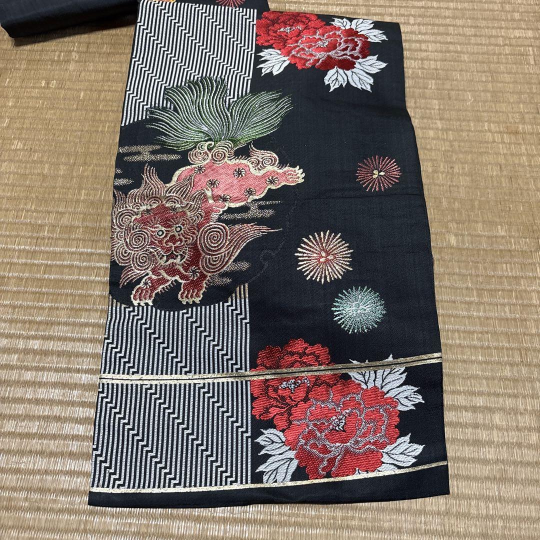 名古屋帯 獅子 牡丹 黒 - メルカリ