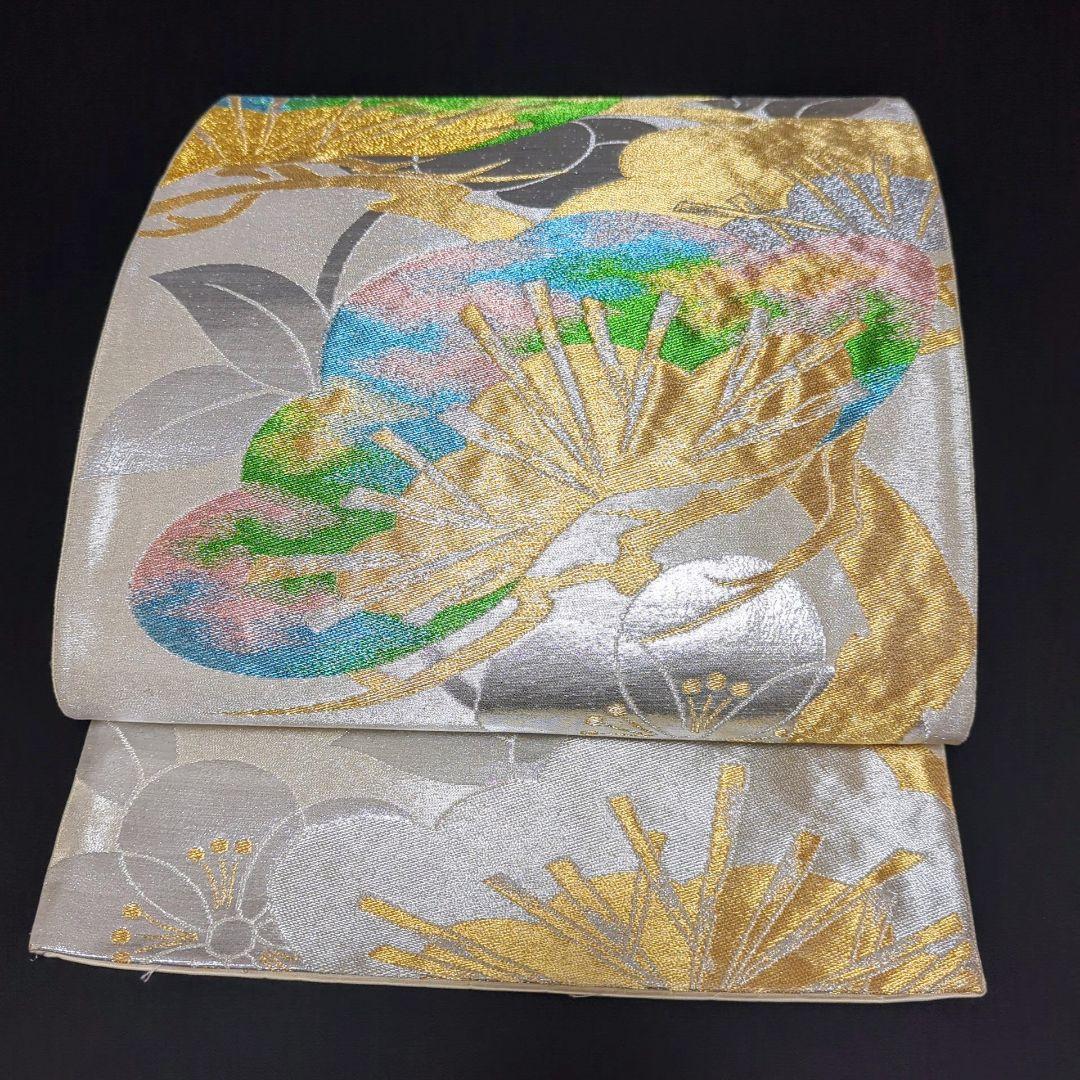 ファッション H-530 着物・浴衣 華模様 松 銀糸 金糸 六通 正絹 袋帯 着物・浴衣