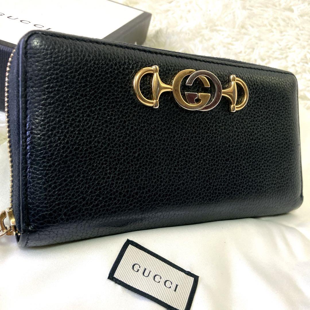 極美品✨グッチ ズゥミ ラウンドジップ ホースビット ゴールド金具 レザー 黒
