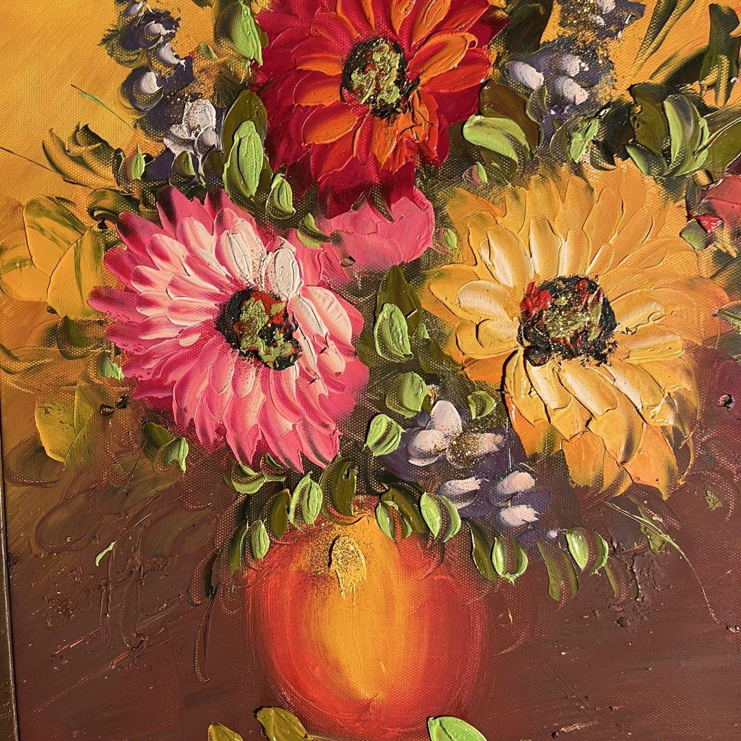 （大）手描き油絵 ３枚組 花瓶の花 額付 額付き 絵画 インテリア 油彩画