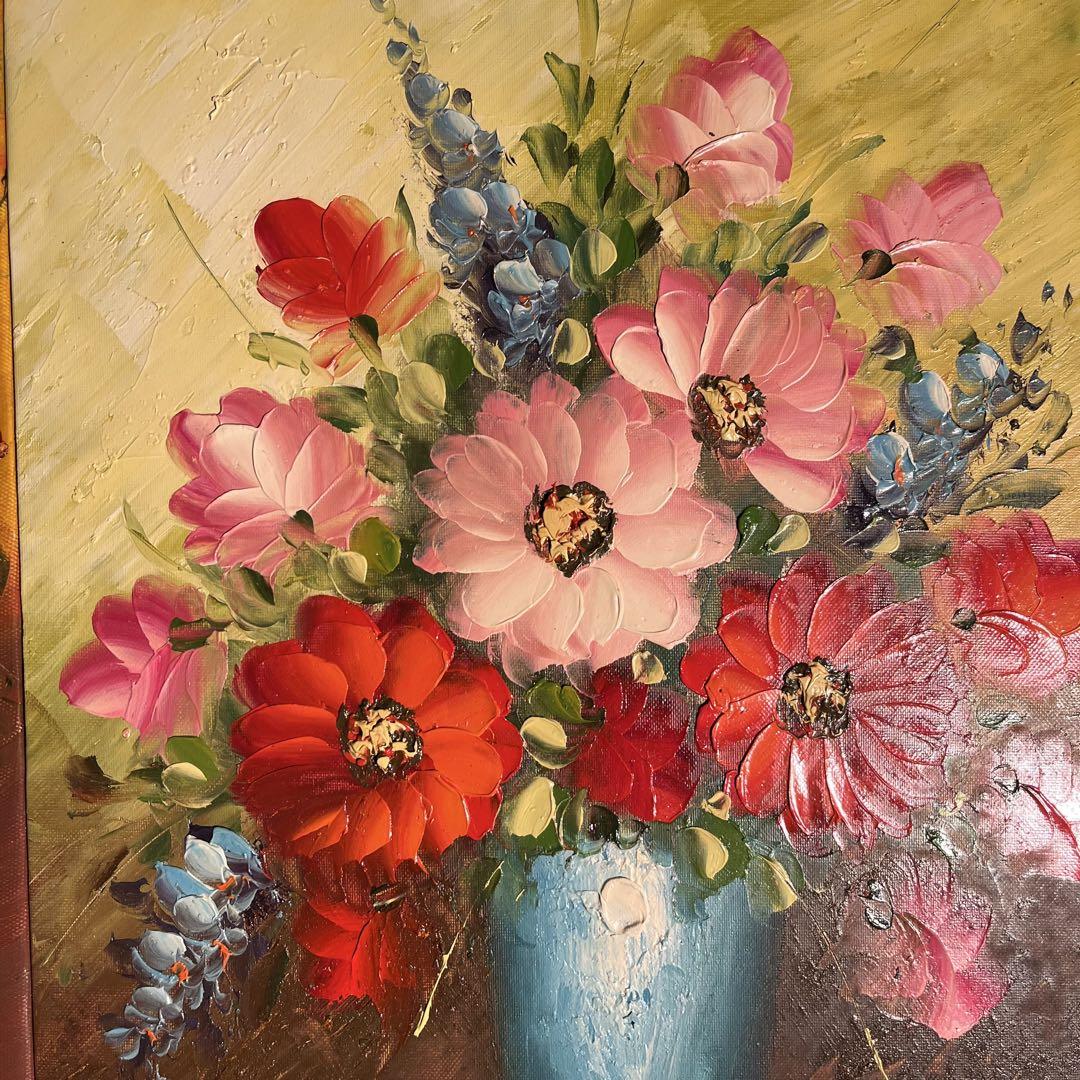 （大）手描き油絵 ３枚組 花瓶の花 額付 額付き 絵画 インテリア 油彩画