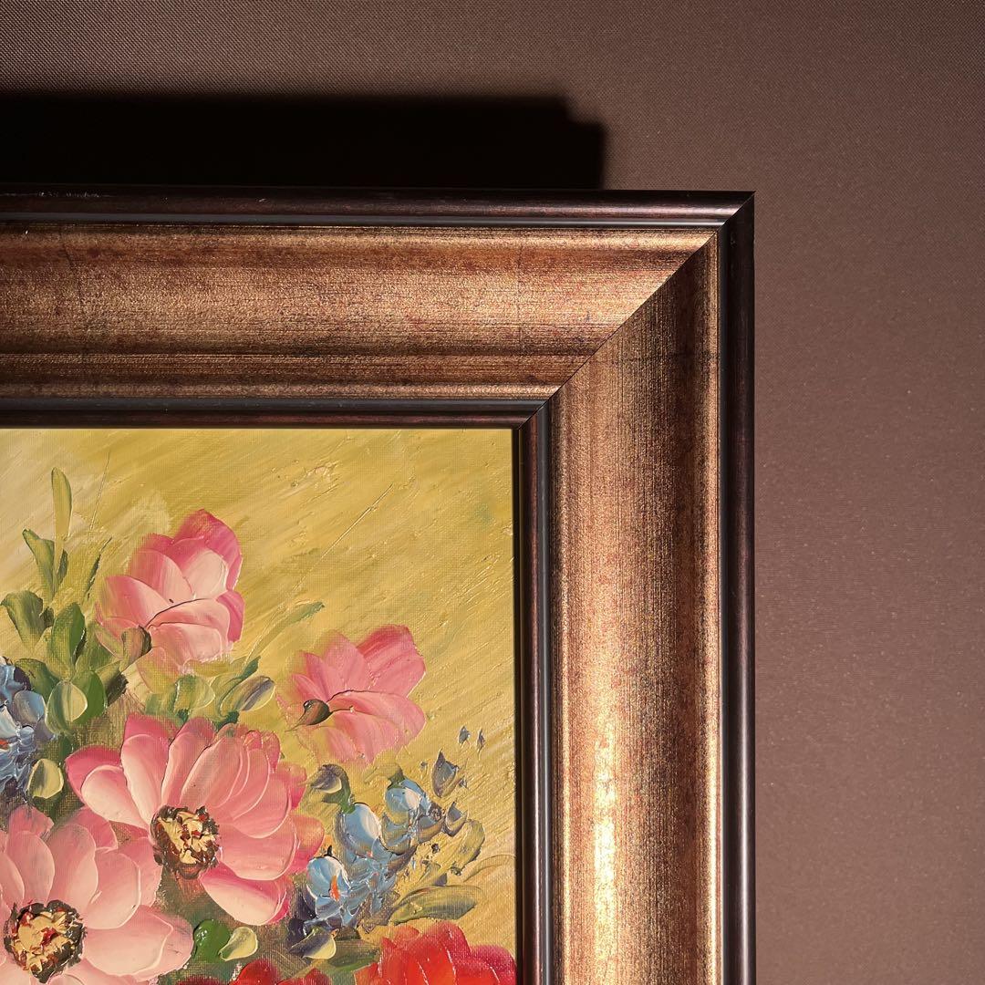 （大）手描き油絵 ３枚組 花瓶の花 額付 額付き 絵画 インテリア 油彩画