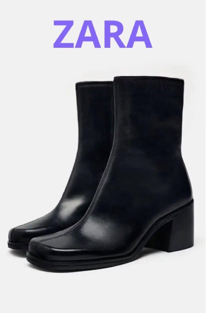 ZARA レザーヒールショートブーツ ブラック40