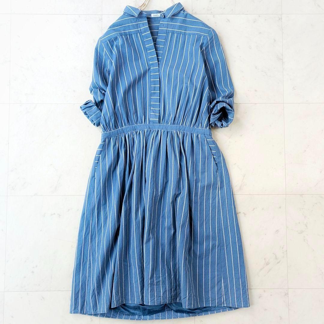 定番✨ハウピア haupia ブルーストライプ柄 シャツワンピース コットン