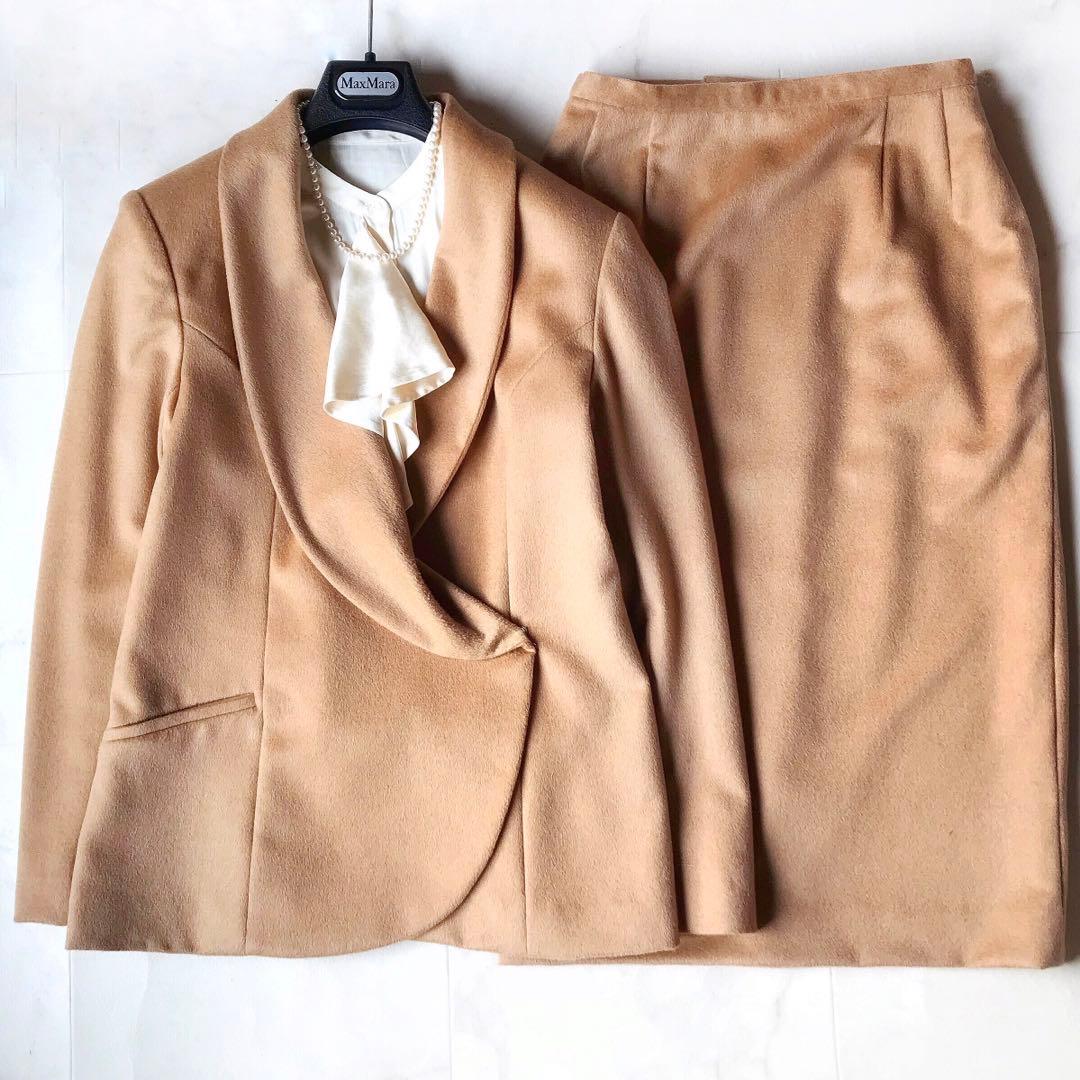 希少 森英恵 キャメル100%ショールカラージャケット セットアップ スーツ L